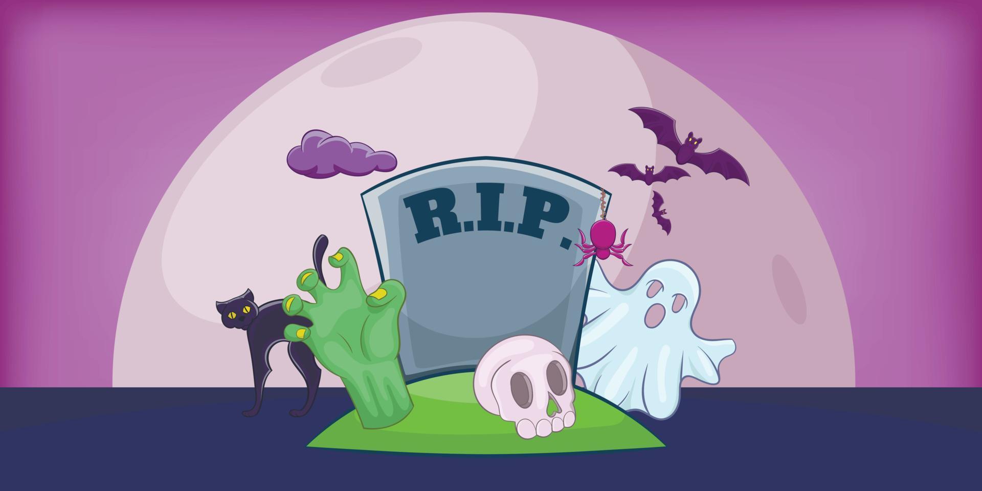 banner horizontal del cementerio de haloween, estilo de dibujos animados vector