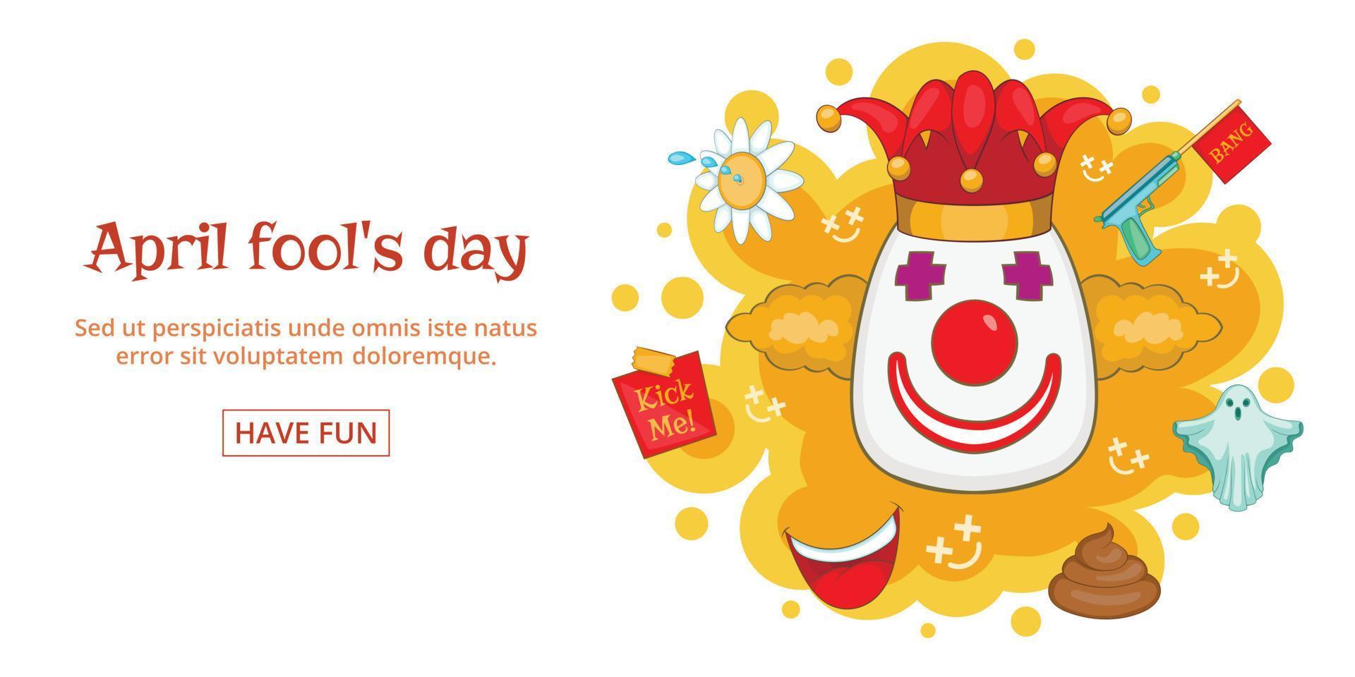 Fools day banner horizontal clown, cartoon style vector