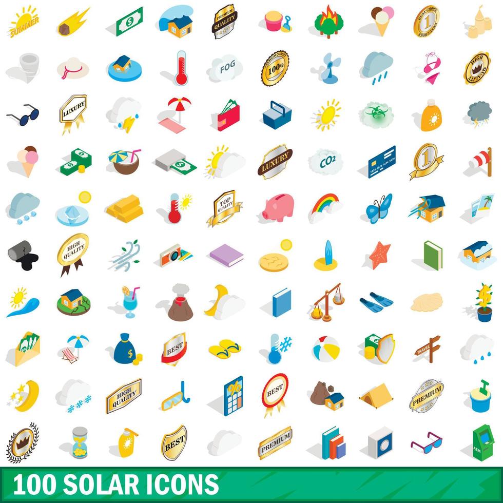 100 iconos solares, estilo isométrico 3d vector