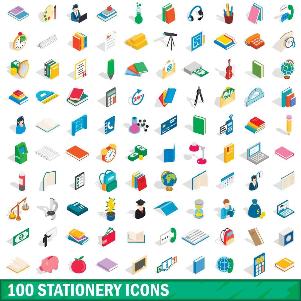 100 iconos de papelería, estilo isométrico 3d vector