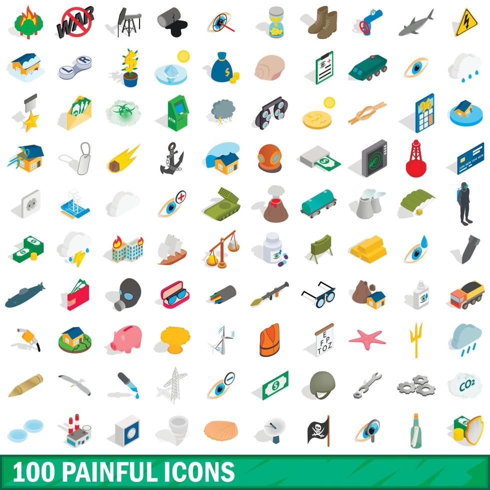 100 painful icons set, isometric 3d style vector