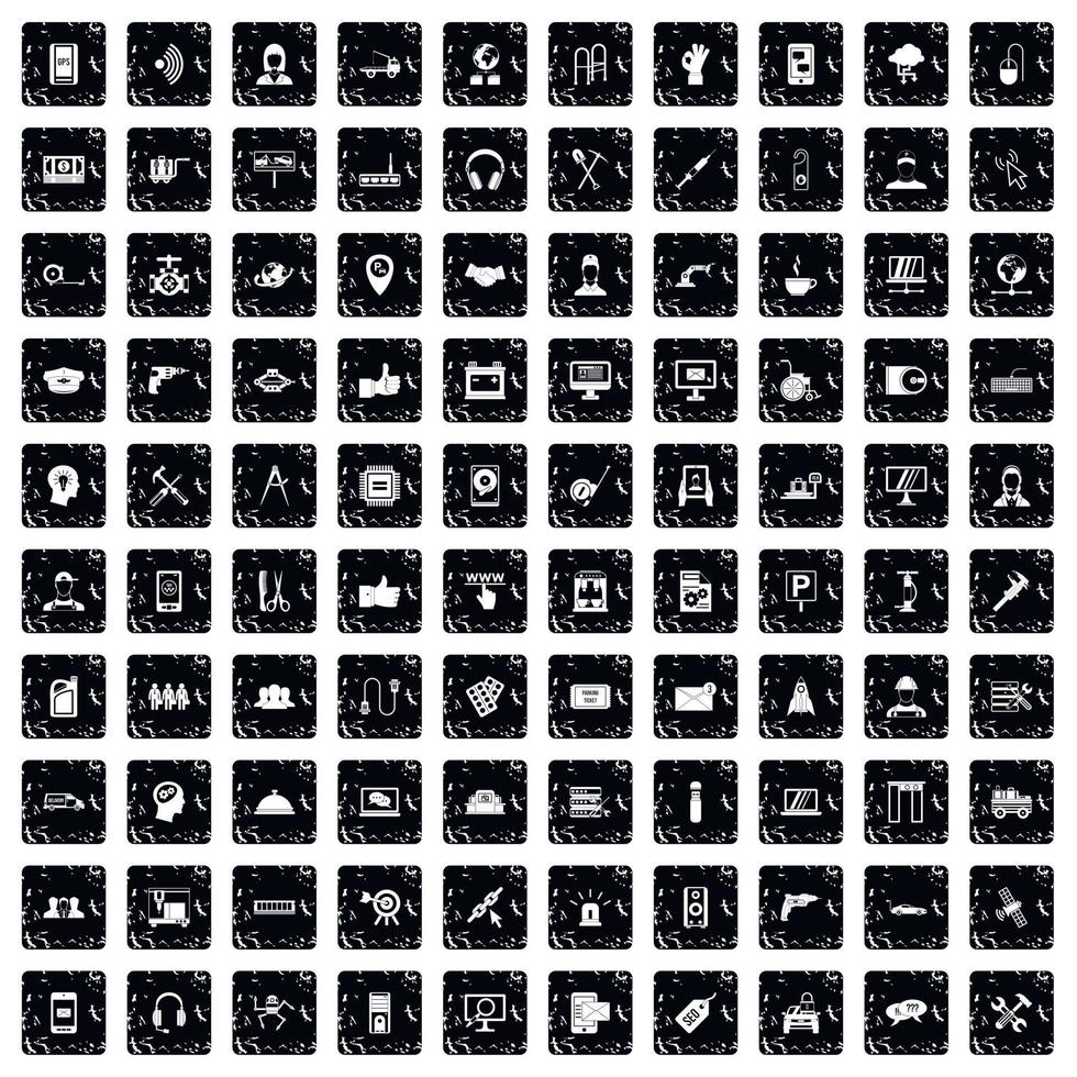 100 support icons set, grunge style vector