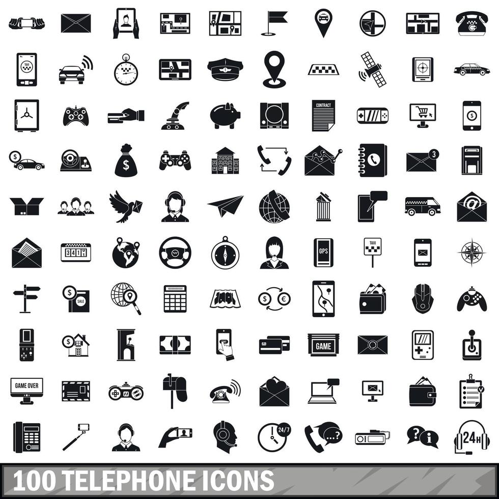 100 telephone icons set, simple style vector