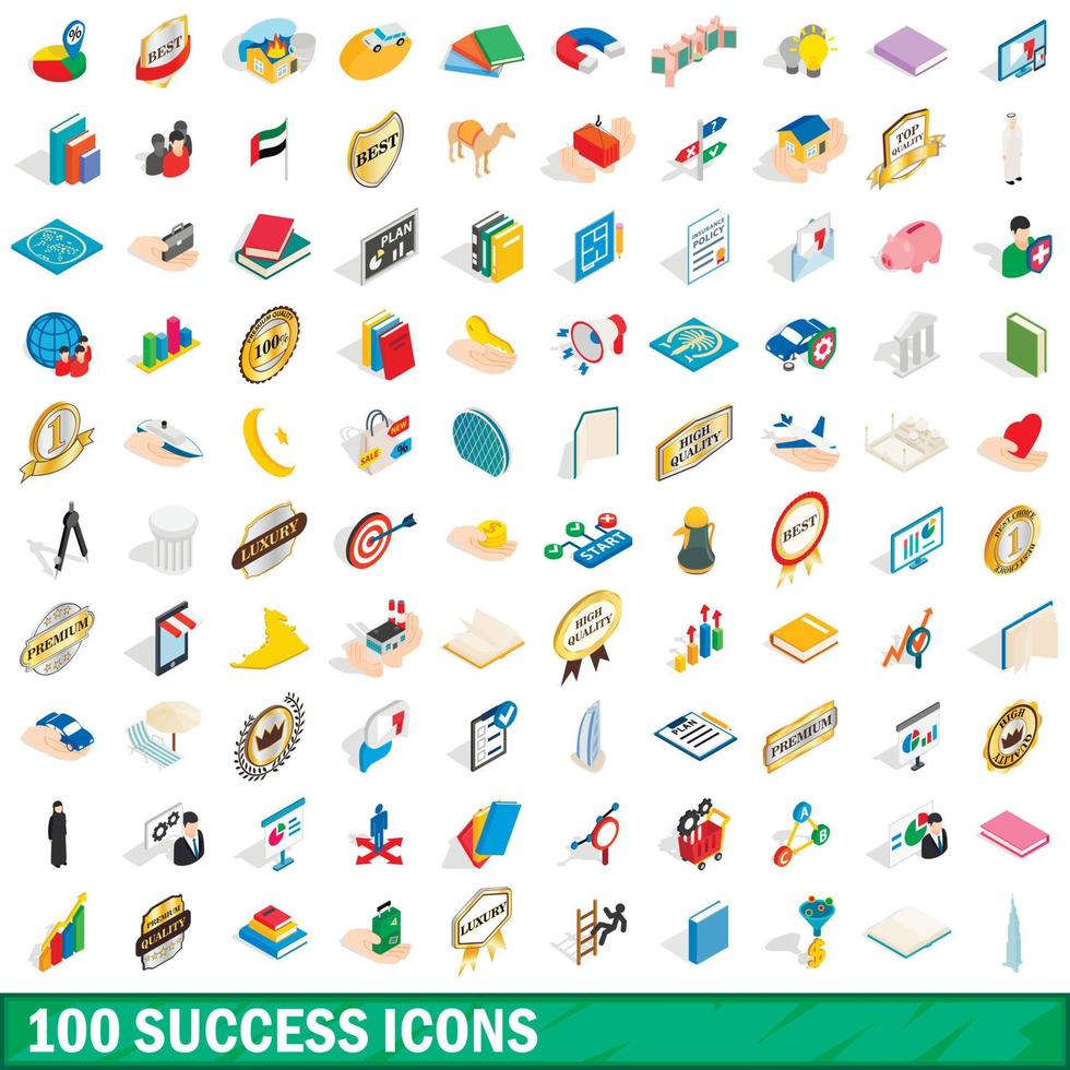 100 success icons set, isometric 3d style vector