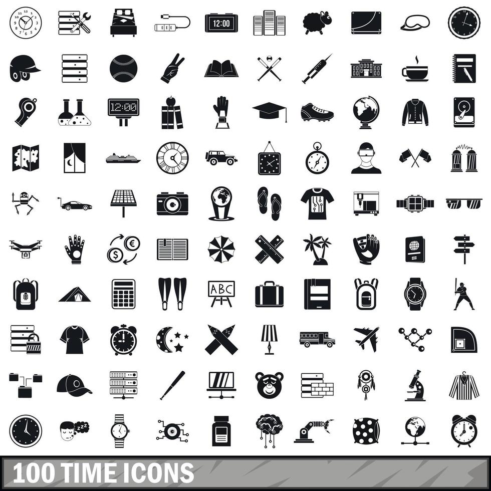 100 time icons set, simple style vector