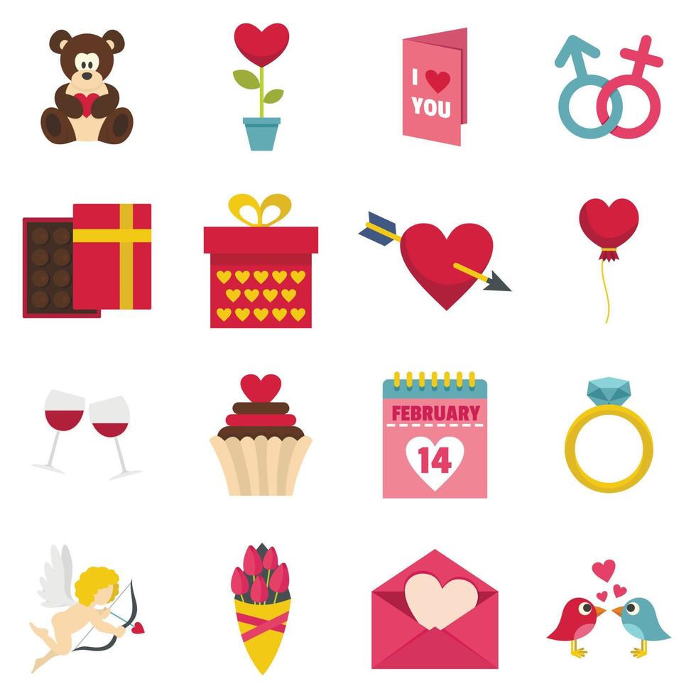 Saint Valentine icons set in flat style vector