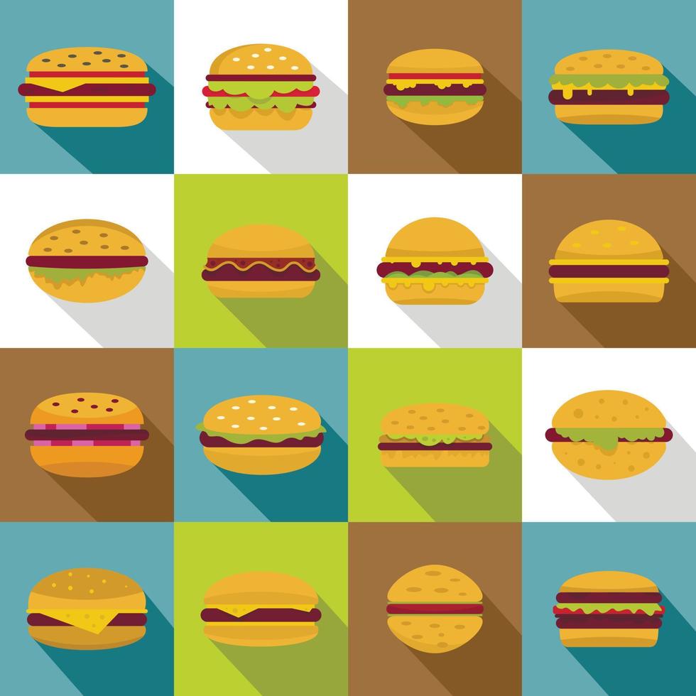 Burger icons set, flat style vector