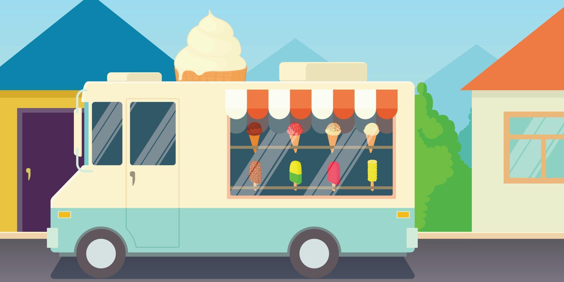 Ice cream horizontal banner shop, cartoon style vector