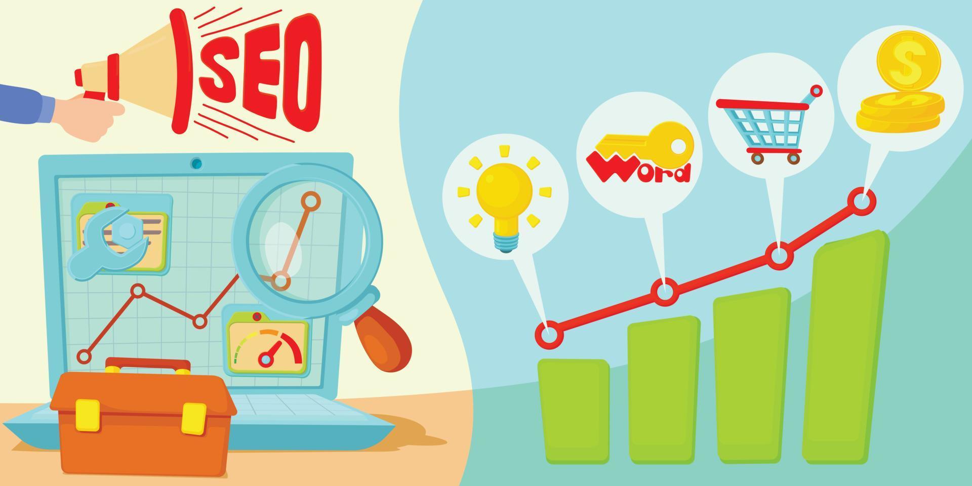 SEO horizontal banner concept, cartoon style vector