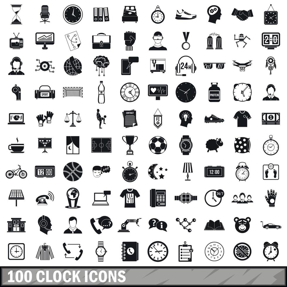 100 clock icons set, simple style vector
