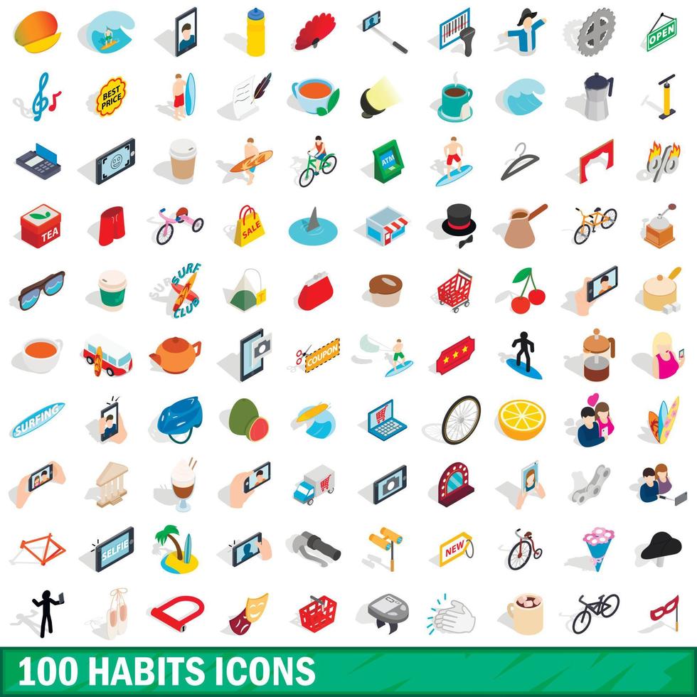 100 habits icons set, isometric 3d style vector