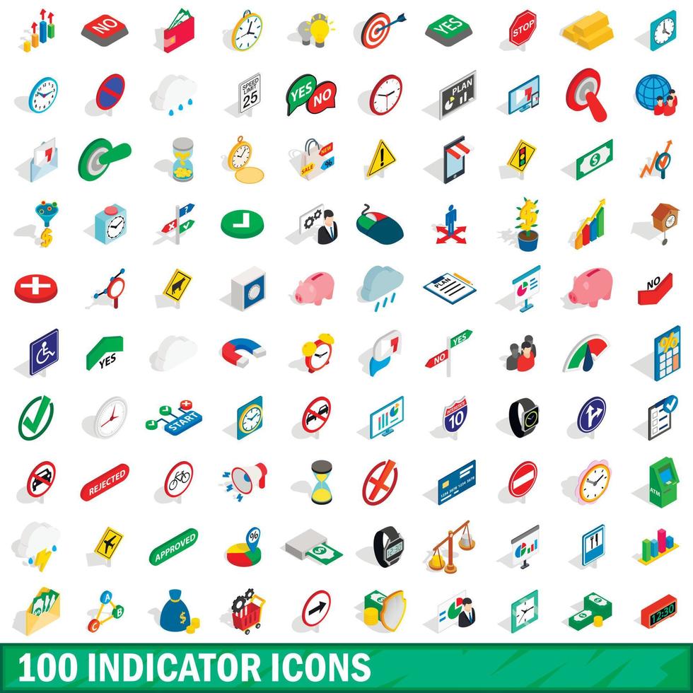 100 indicator icons set, isometric 3d style vector