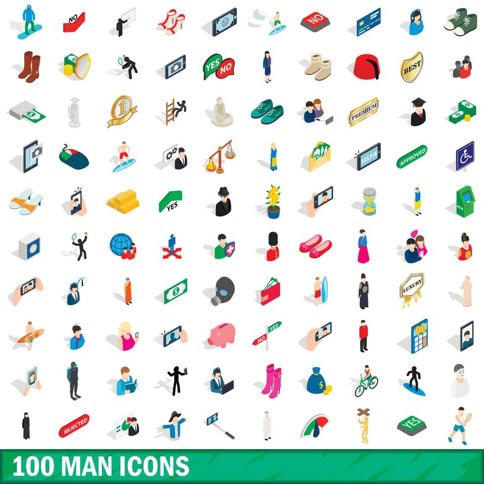 100 man icons set, isometric 3d style vector