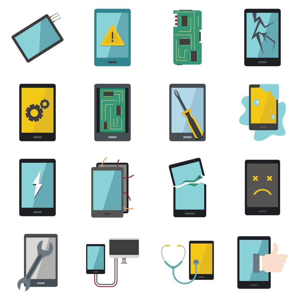 Device repair symbols icons set in flat style vector