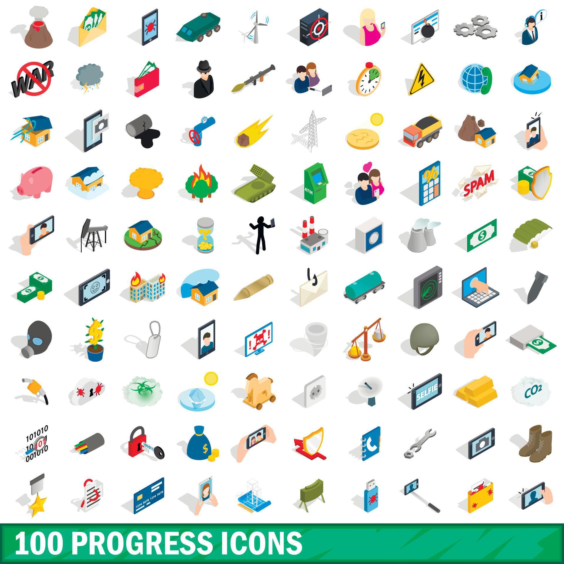 100 progress icons set, isometric 3d style 8901697 Vector Art at Vecteezy