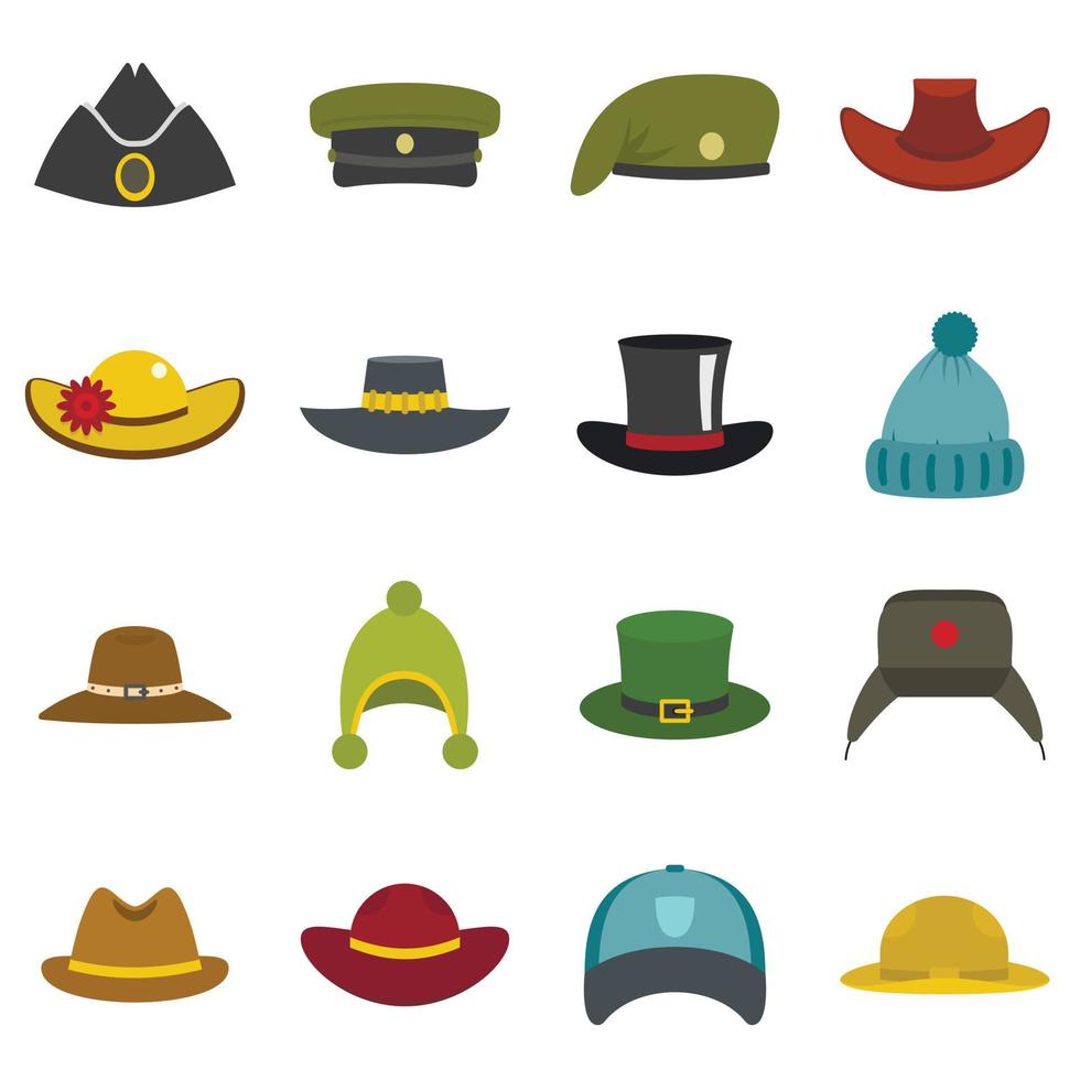 iconos de sombrero de tocado establecidos en estilo plano vector