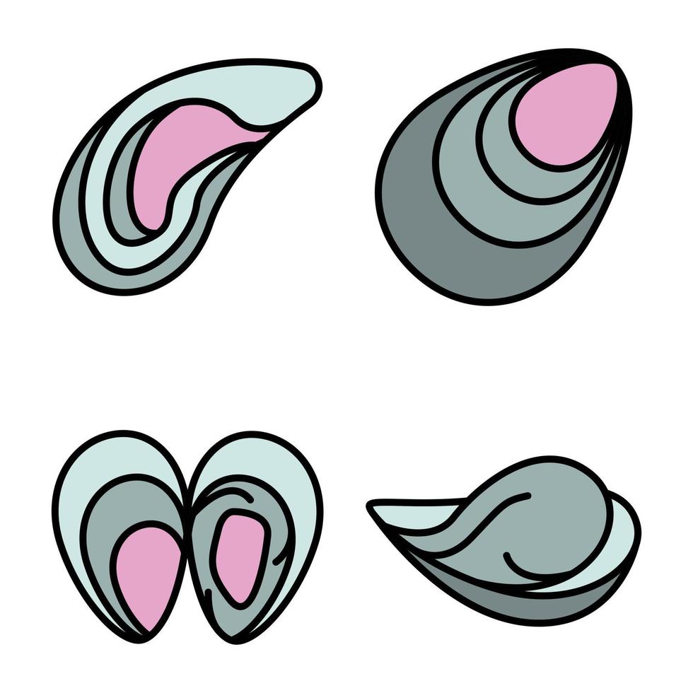 mejillones, iconos, conjunto, vector, plano vector