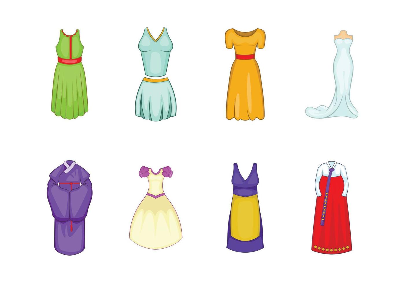 Dress icon set, cartoon style vector