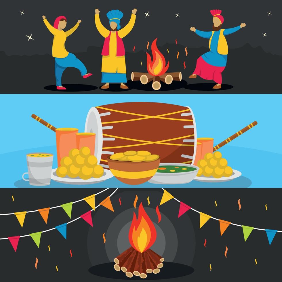 Happy Lohri festival banner set, flat style vector
