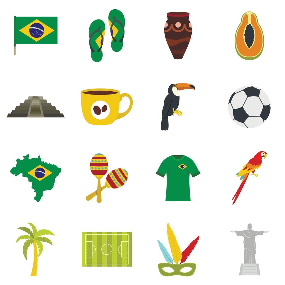 iconos de símbolos de viaje de brasil establecidos en estilo plano vector