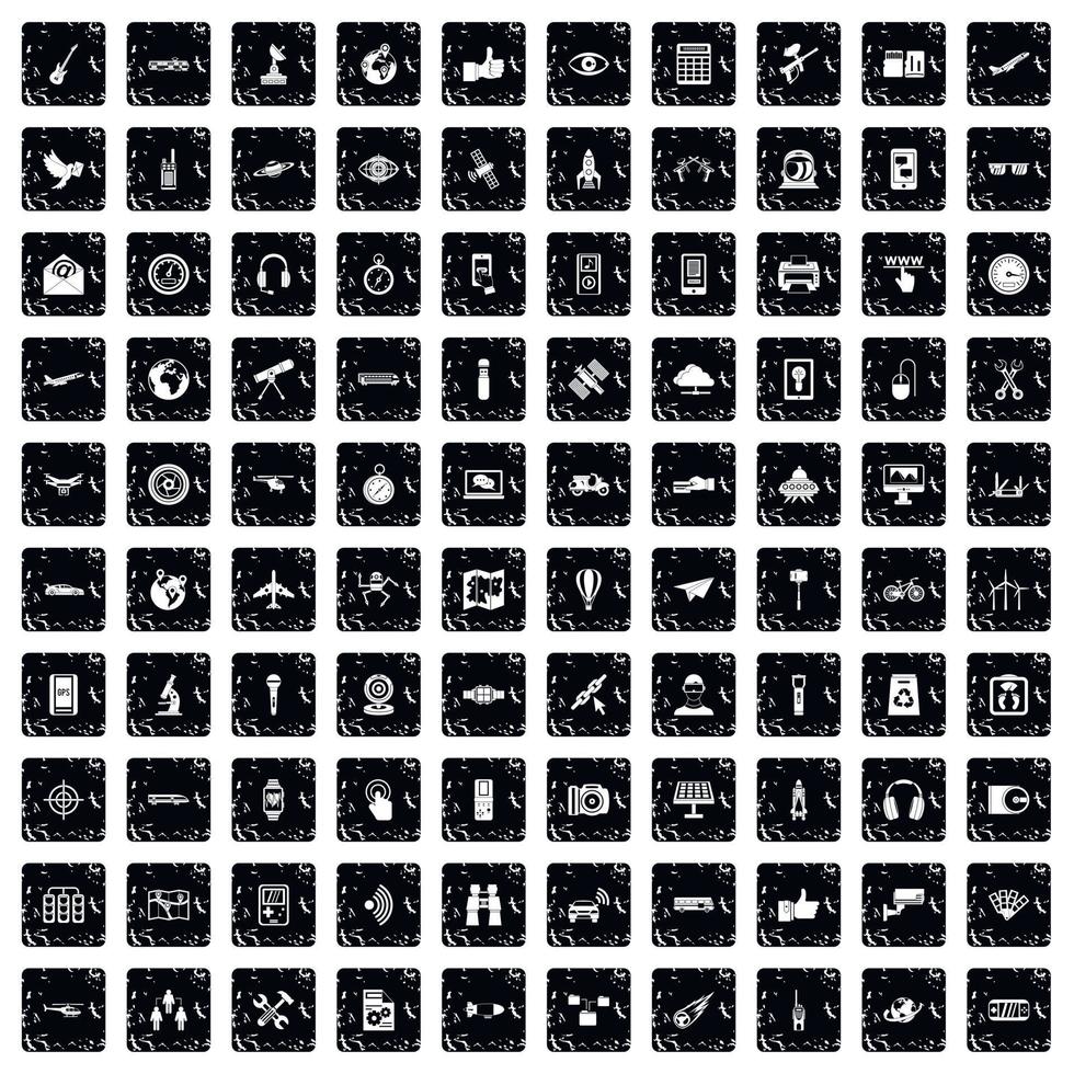 100 wireless technology icons set, grunge style vector