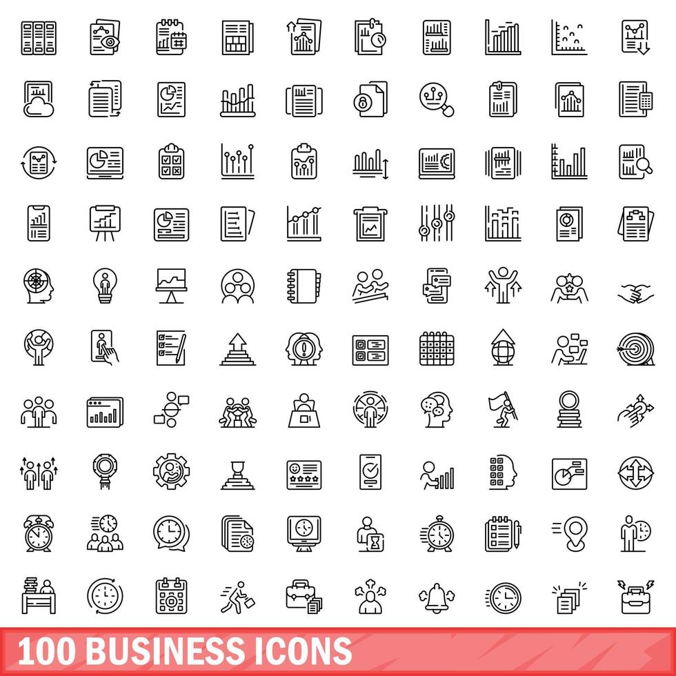 100 business icons set, outline style vector