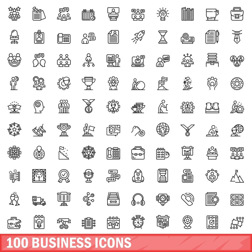 100 business icons set, outline style vector