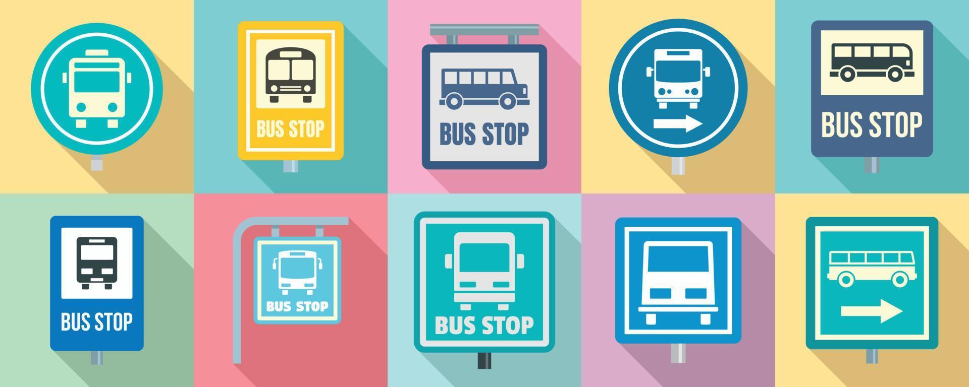 Bus stop icon set, flat style vector