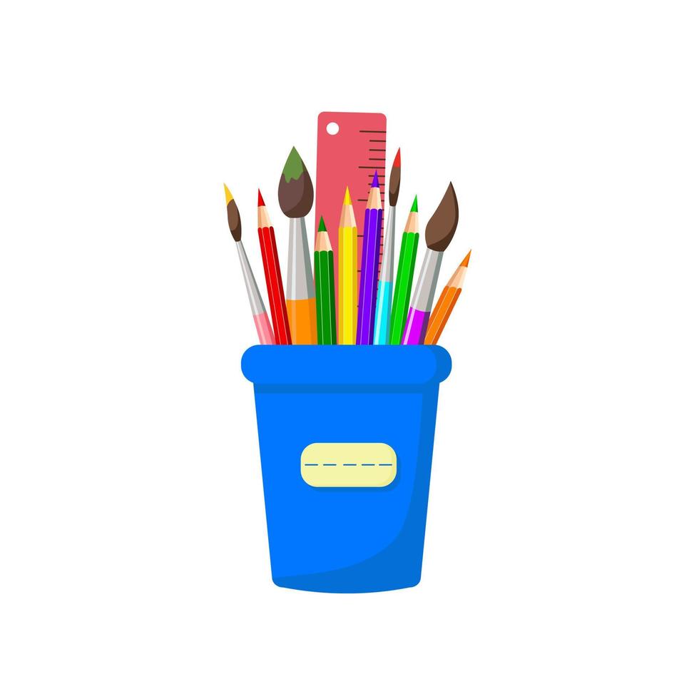 Pencils, brushes, ruler in stand, isolated on white background. Colorful Home and office stationery in blue stand. Pencil stand for website design, logo, ui vector