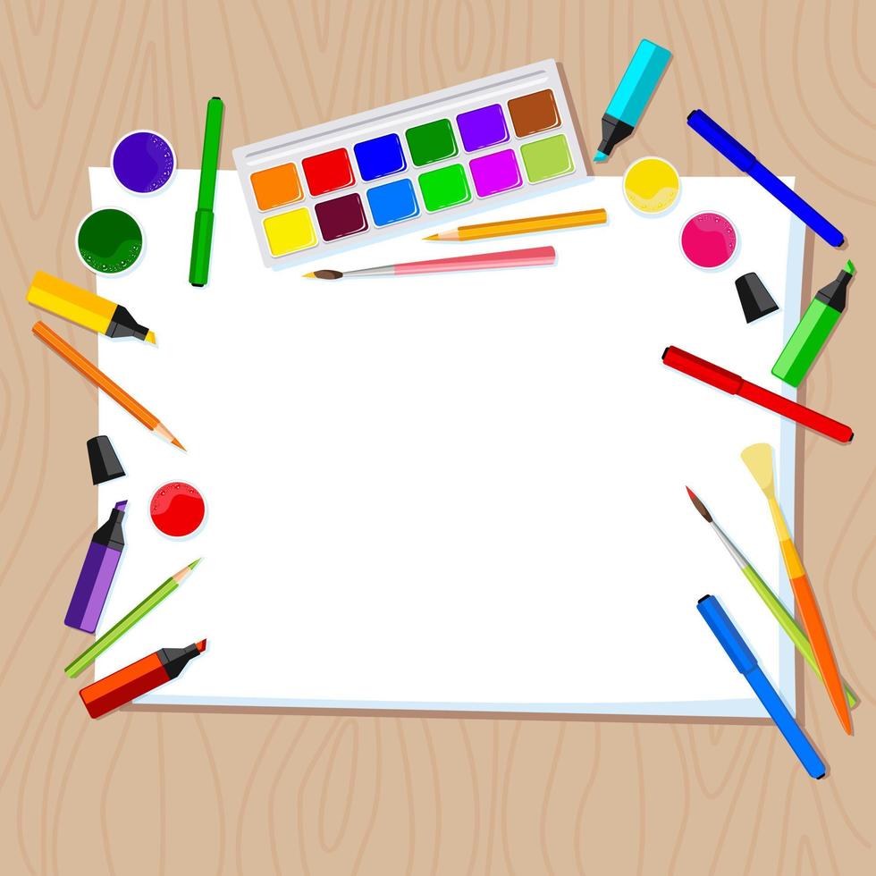 Top view of home and office stationery for drawing. Paints, brushes, colored pencils, markers, white album sheets for drawing are on the desktop. Copy space. Back to school vector