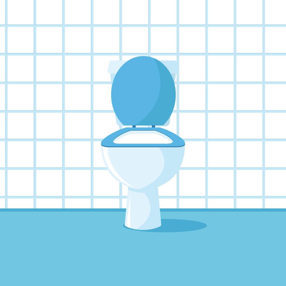 White ceramic toilet bowl, with a bright blue seat, open lid on white tile background. Modern toilet set in flat style. Bathroom interior element. Vector illustration
