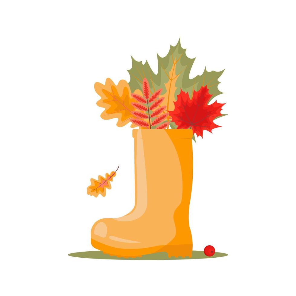 Autumn leaves in rubber boot. Bright leaves of maple, oak, mountain ash. Beautiful vector autumn illustration for greeting card. Autumn rain boot concept for web and print