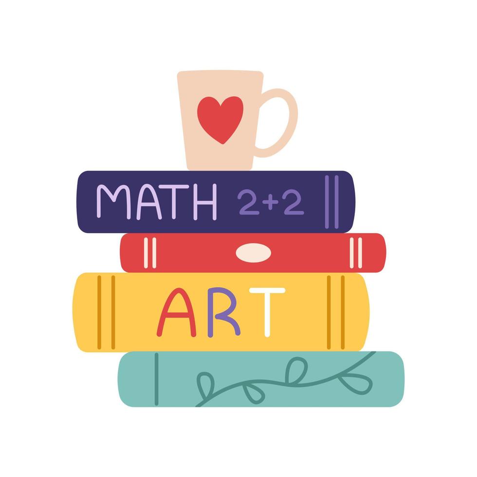 Vector stack of books. Cup with heart. Reading books.