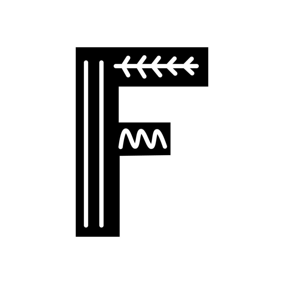 Black and white Scandinavian ornate letter F. Folk font. Letter F in Scandinavian style. vector