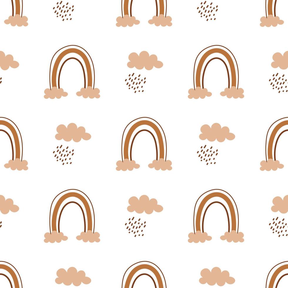 Vector seamless pattern with abstract rainbows with clouds. Boho rainbows with rain. Cute background.