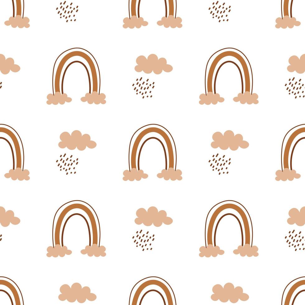 Vector seamless pattern with abstract rainbows with clouds. Boho rainbows with rain. Cute background.