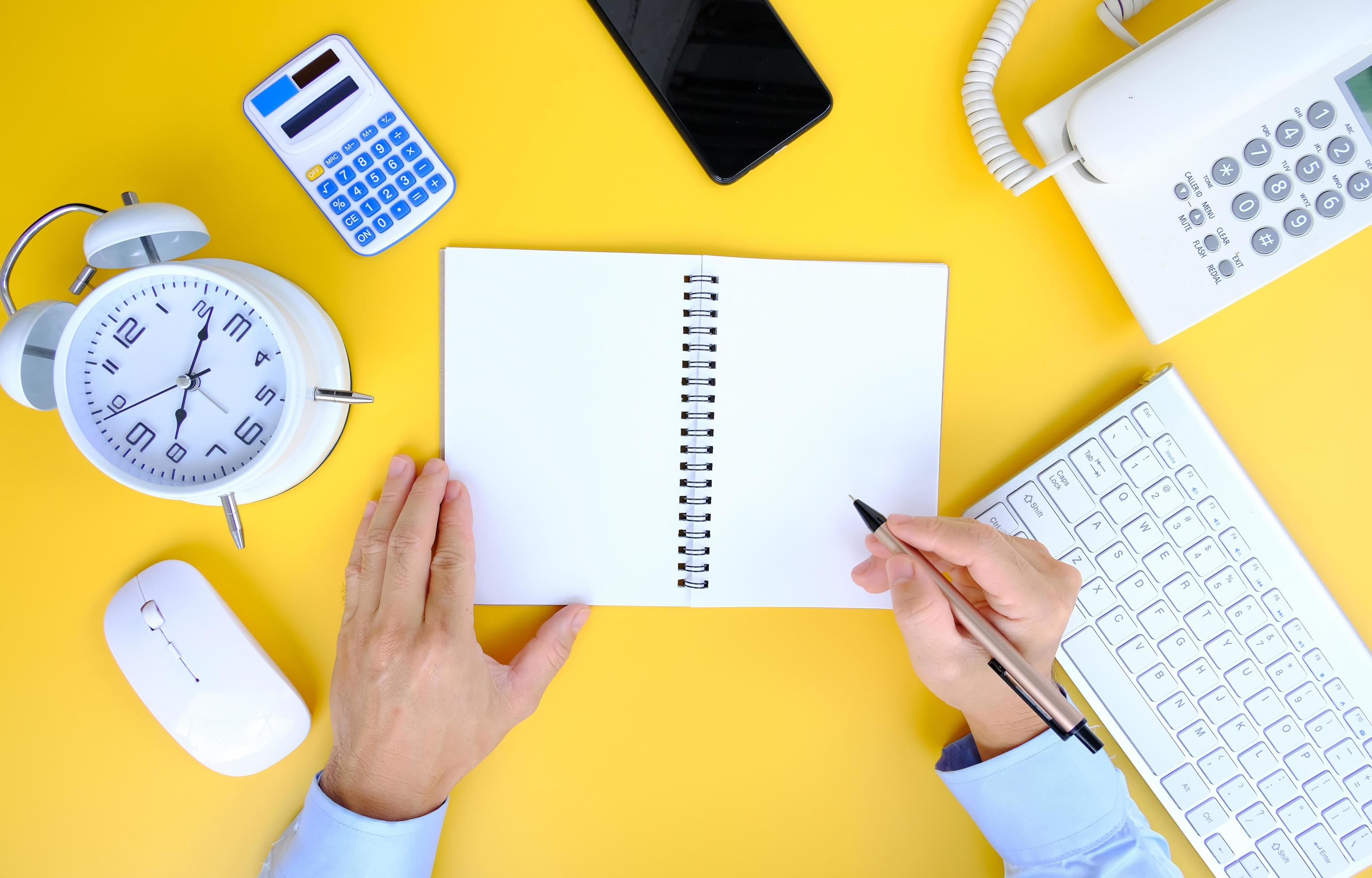 Office desk flat lay background with computer laptop and office