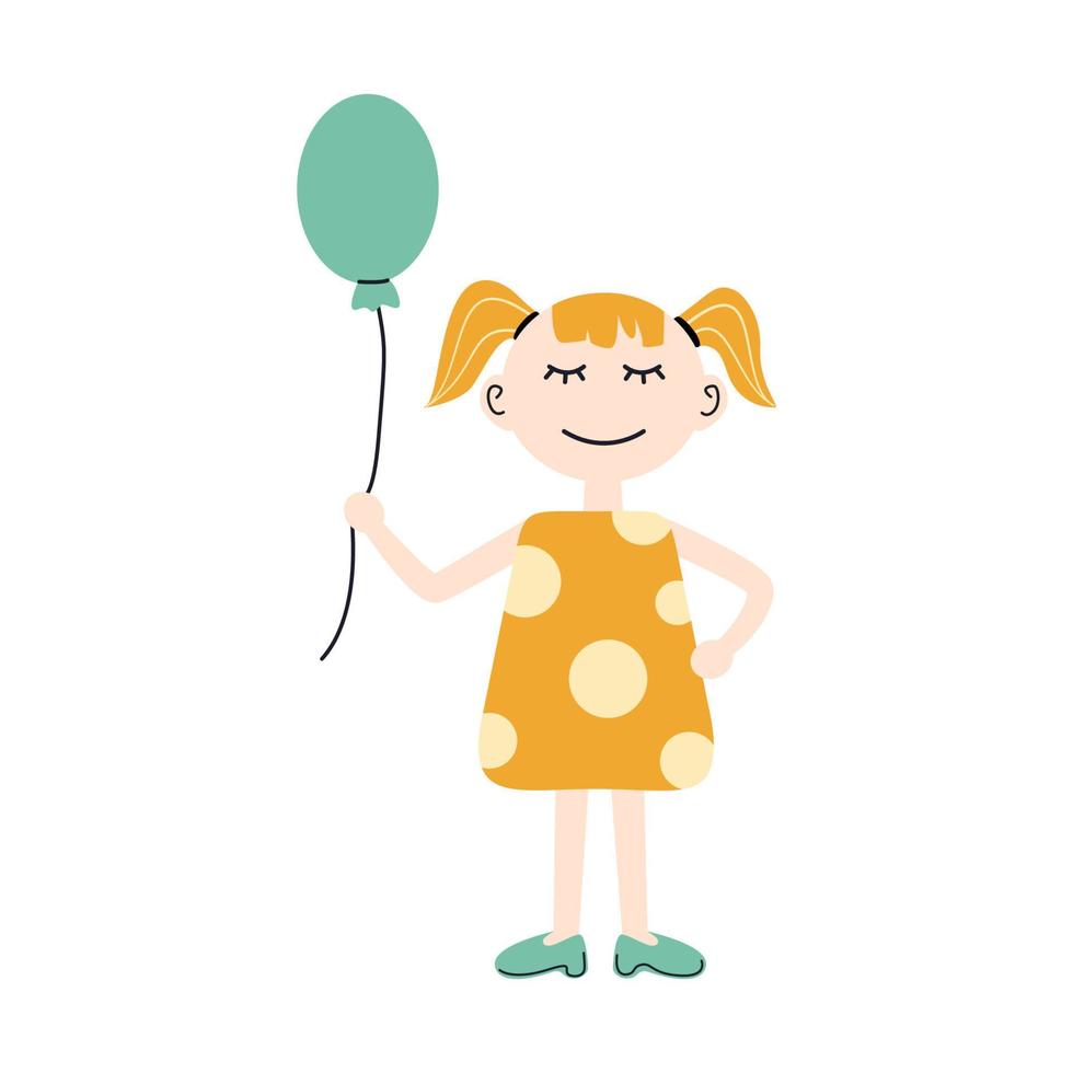 Vector cute little girl with green balloon. Smile child. Color clip art.