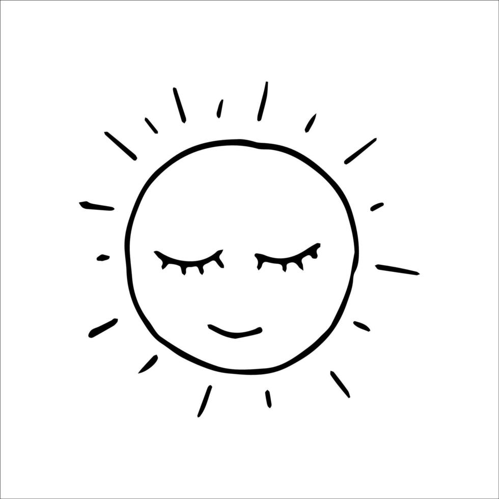 sol sonriente de fideos dibujados a mano. lindo sol vectorial en blanco y negro. contorno. vector