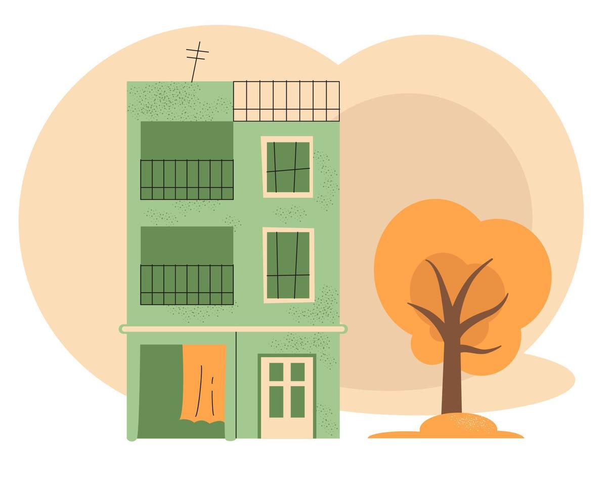 Vector illustration with Indian house and tree. Poor building.