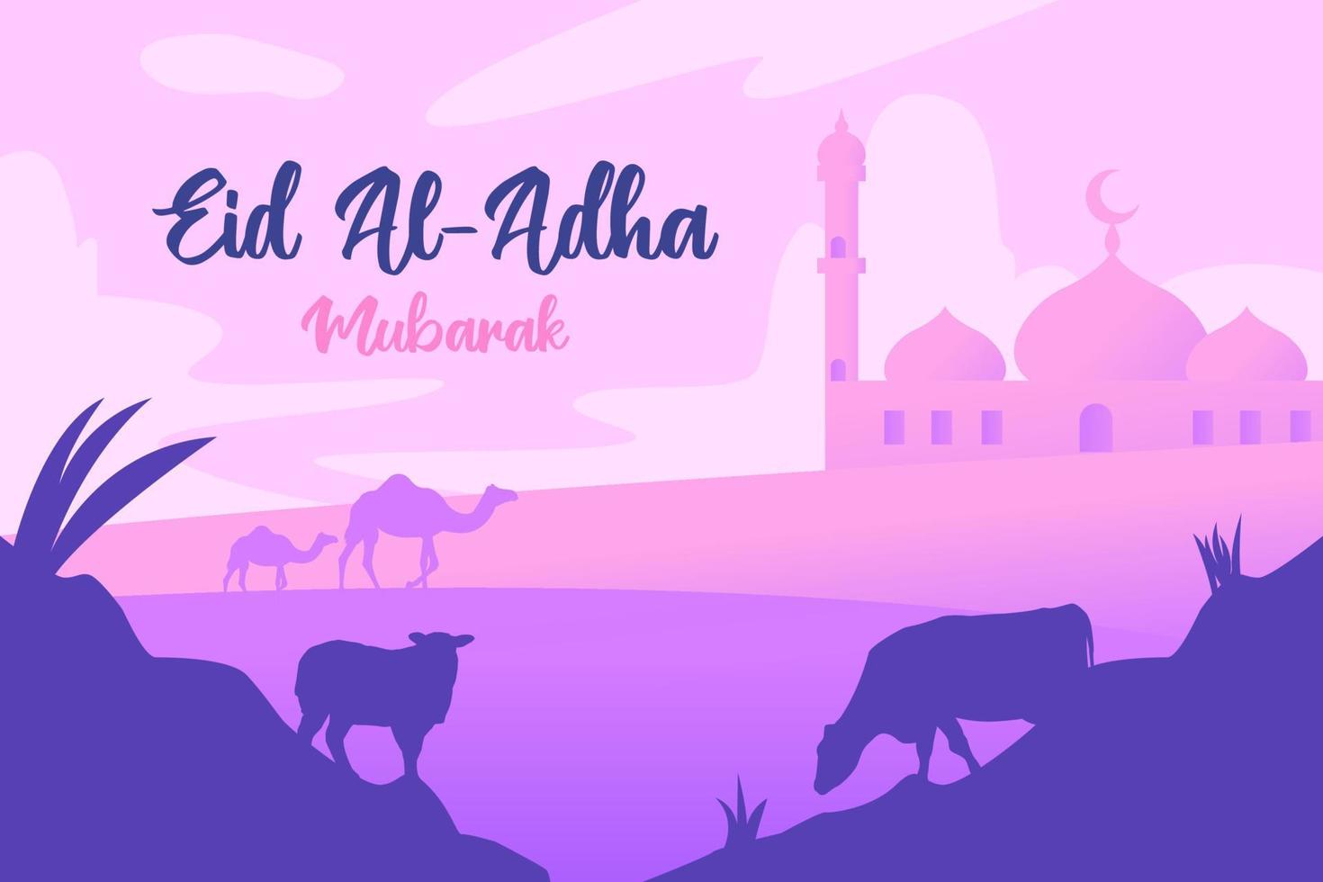 Eid Al Adha Mubarak Flat Illustration with Animals and Mosque Background vector