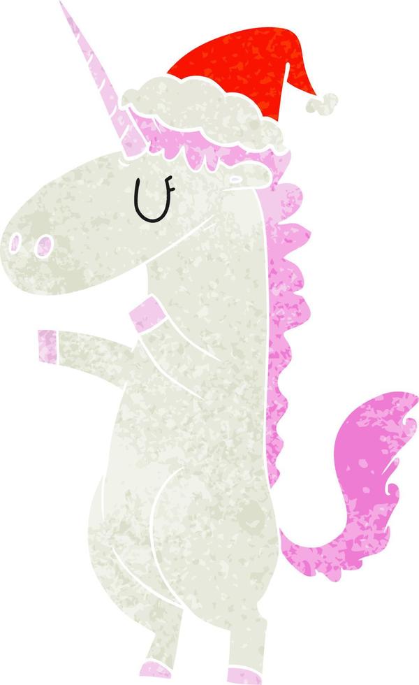 retro cartoon of a unicorn wearing santa hat vector