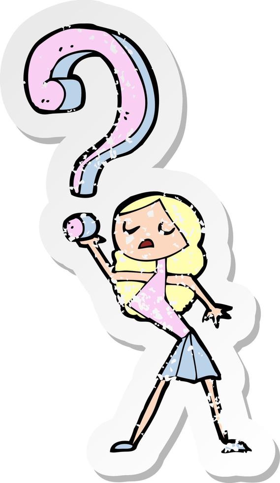 retro distressed sticker of a cartoon girl with questions vector