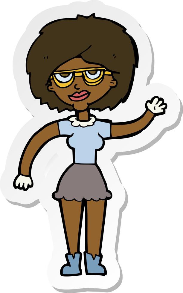 sticker of a cartoon waving woman wearing spectacles vector