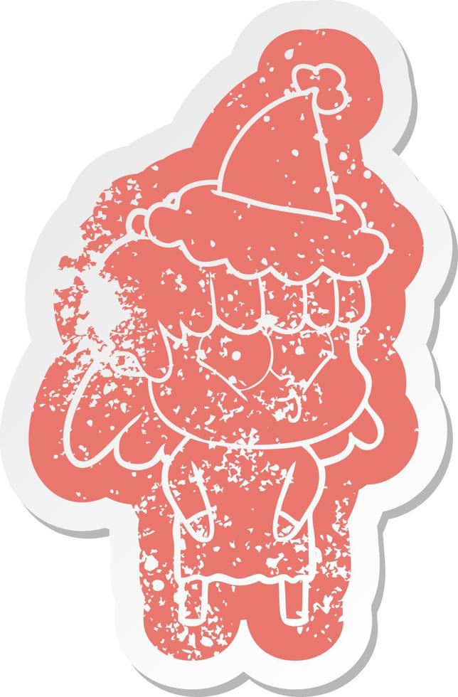 cartoon distressed sticker of a whistling girl wearing santa hat vector