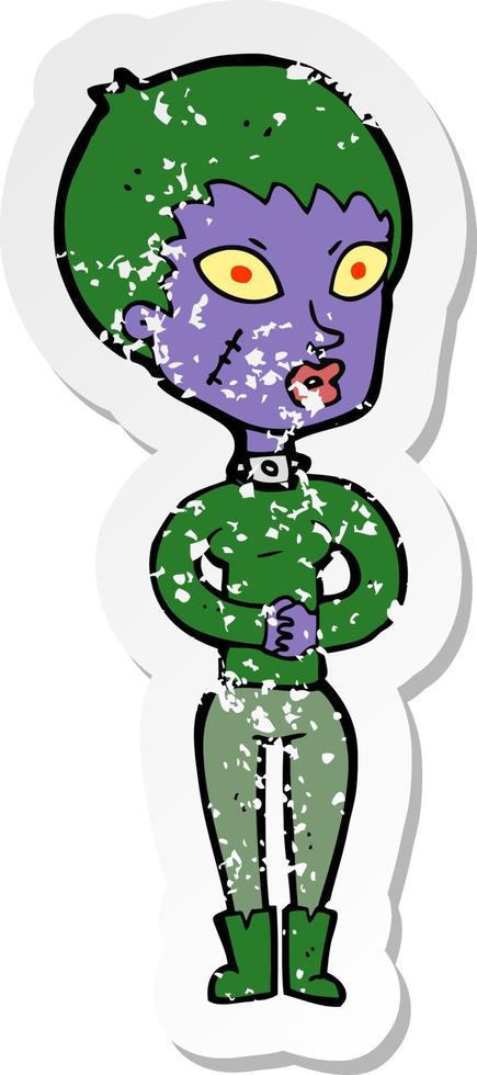 retro distressed sticker of a cartoon zombie girl vector