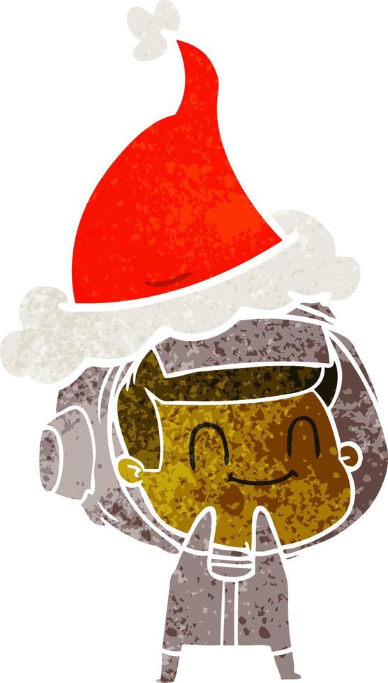 happy retro cartoon of a astronaut wearing santa hat vector