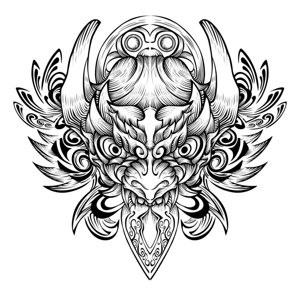 Hand drawn oni mask tattoo line art vector