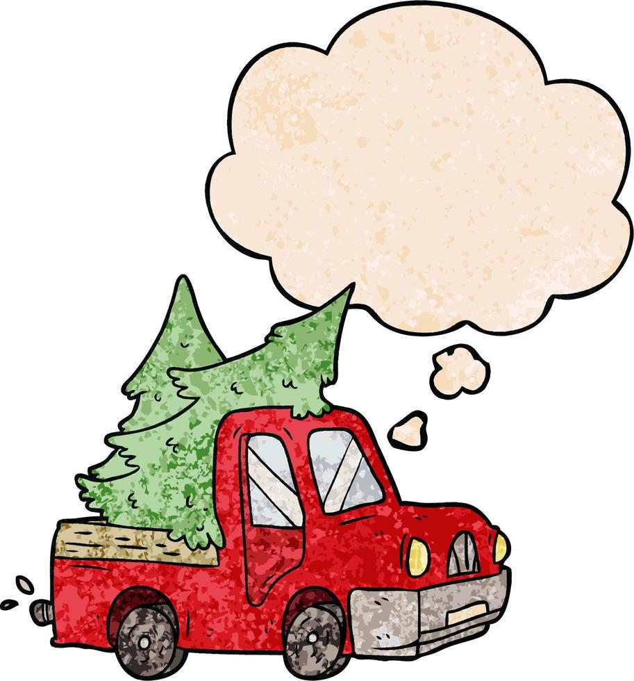 cartoon pickup truck carrying trees and thought bubble in grunge texture pattern style vector