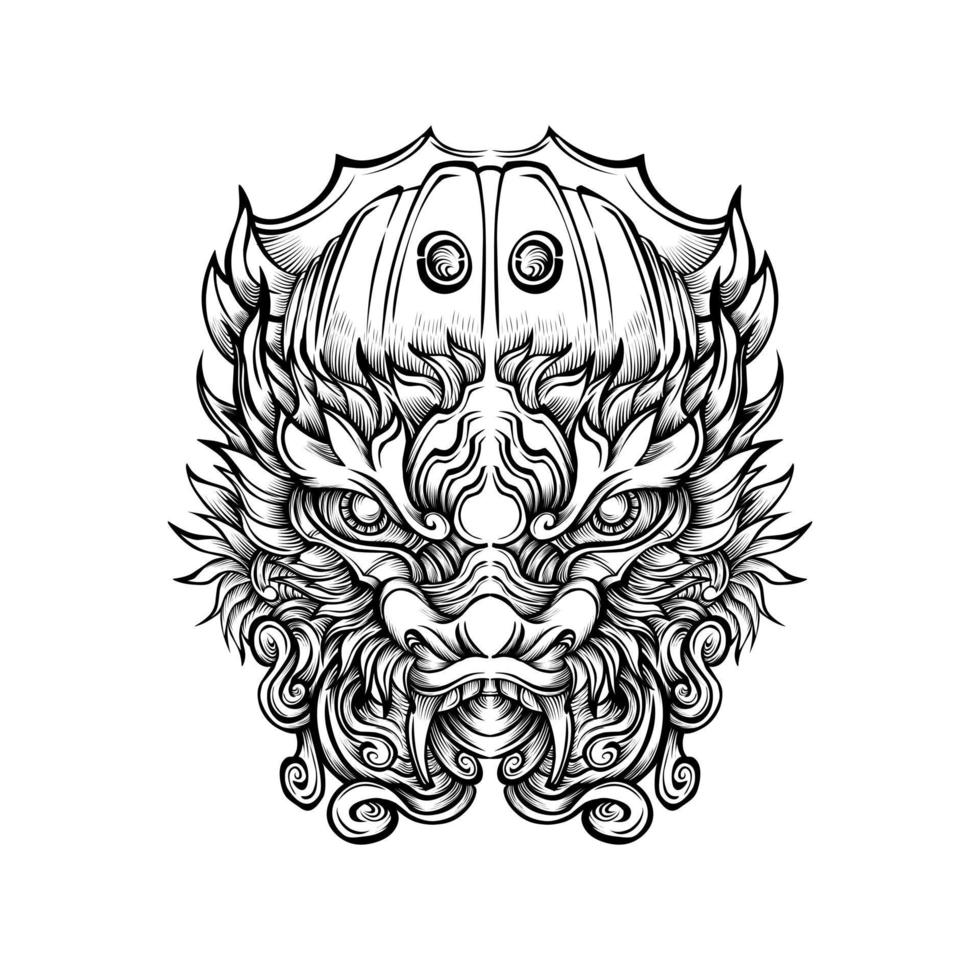 vector de arte de línea de tatuaje de cabeza de dragón chino